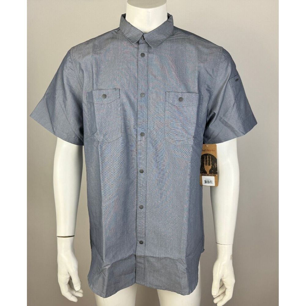 Chef Works Jaxon Slate Denim Shirt Mens L NWT Short Sleeve Pockets Snap-up SHC04